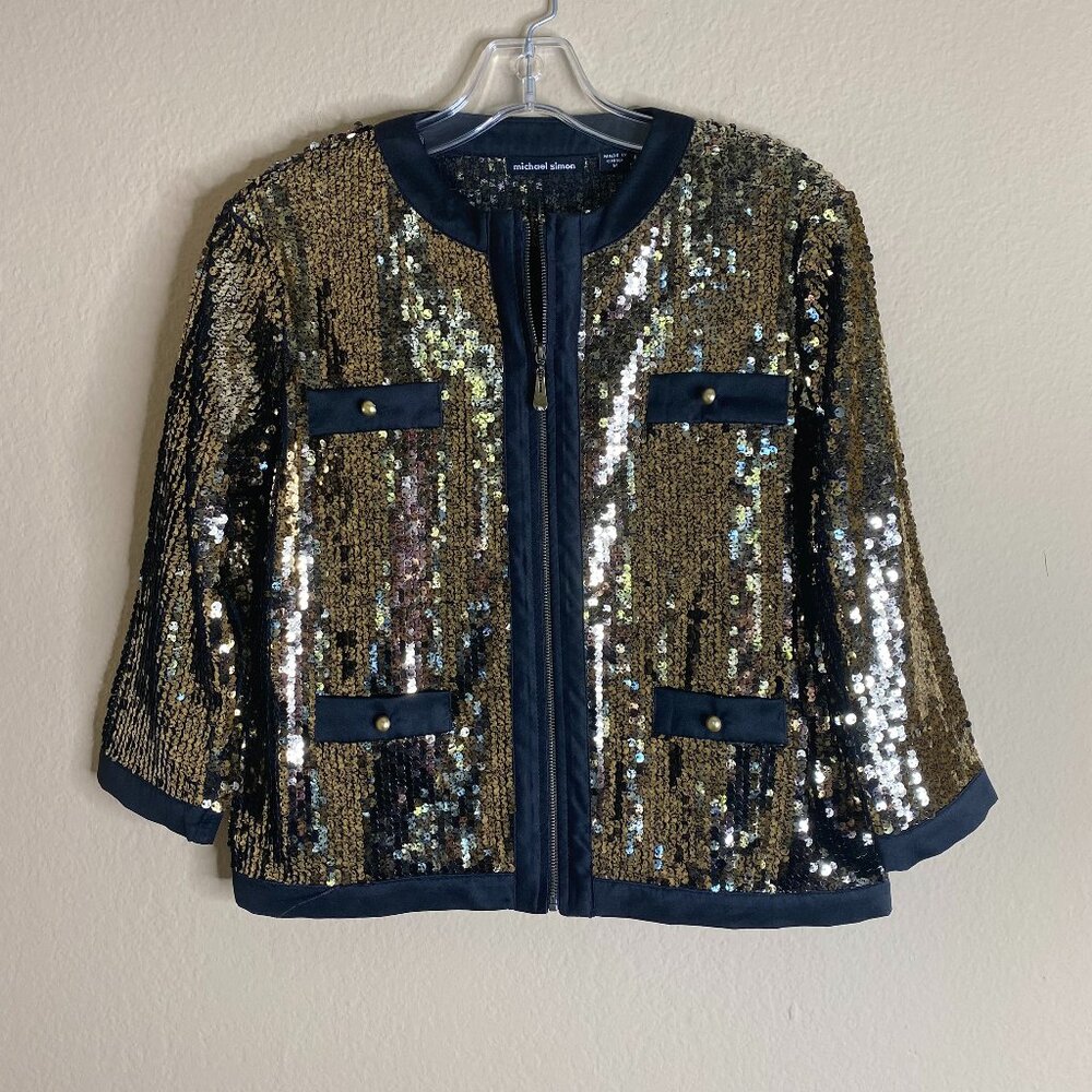 michael simon sequin embellished zippered cardigan sweater